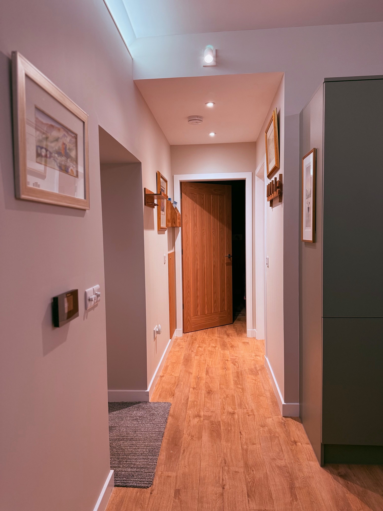 The front door opens to the open plan living area and the corridor to the bedroom and shower room